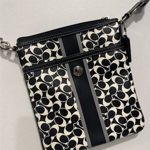 Coach Black,White and Grey Signature Stripe Crossbody Bag